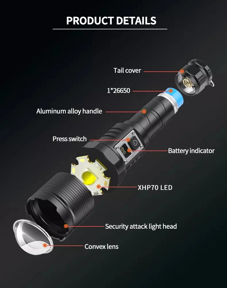 30W Rechargeable Flashlight 1500m Bright 1800 Lumens Xhp70 Powerful USB Tactical LED Flashlight Waterproof Torch Light