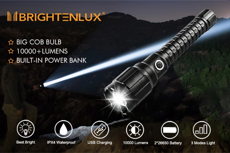 Brightenlux 2022 New Best Tactical USB COB LED 10000 Lumen High Power Rechargeable Flashlight with Power Bank